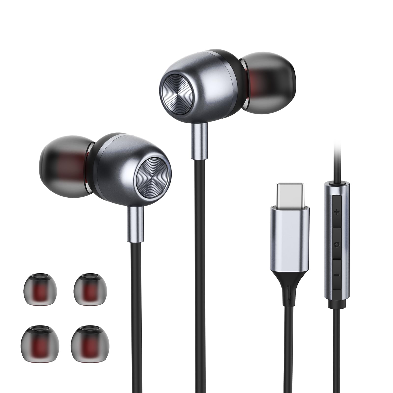 USB C Headphones for Samsung S24 S23 FE S22 S21 S20 A53 A54 Wired Earbuds Metal in-Ear Type C Earphone with Microphone Volume Control Bass Stereo for iPhone 17 Pro Max iPhone 16 Pro Max Pixel (Black)