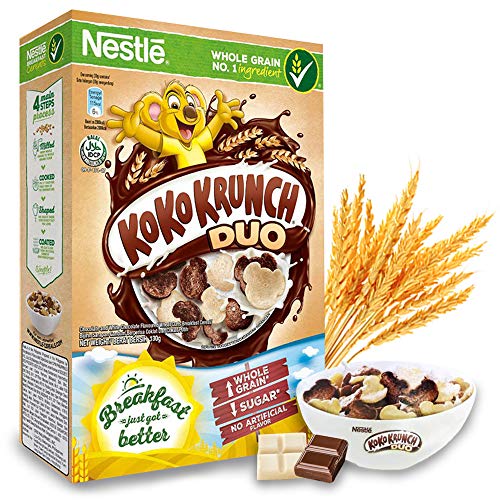 NESTLE KOKO KRUNCH DUO Breakfast Cereal - Healthy Whole Grain Choco Crunch with White Chocolate & Chocolate Curl - This Wheat Coco Cereal Has MORE Fiber & LESS Sugar - Imported from Malaysia, 330g