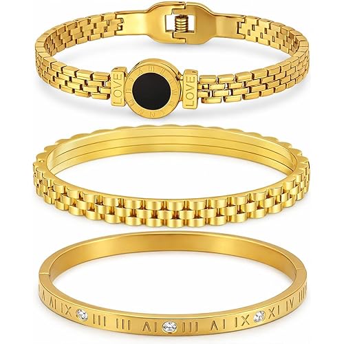 Gold Bracelet Set for Women, 3PCS Layered Bracelets, Roman Numeral Bangle, Chain Link Bracelet, Minimalist Stackable Jewelry, Gift for Her