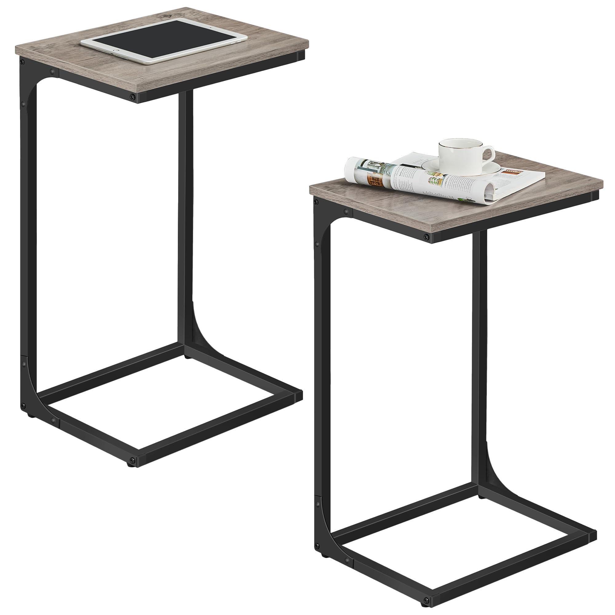 VASAGLE C-Shaped Side Table, Set of 2, Bedside Table, Sofa Side Table, with Metal Frame, Industrial, for Living Room, Bedroom, Heather Greige and Ink Black LET355B02