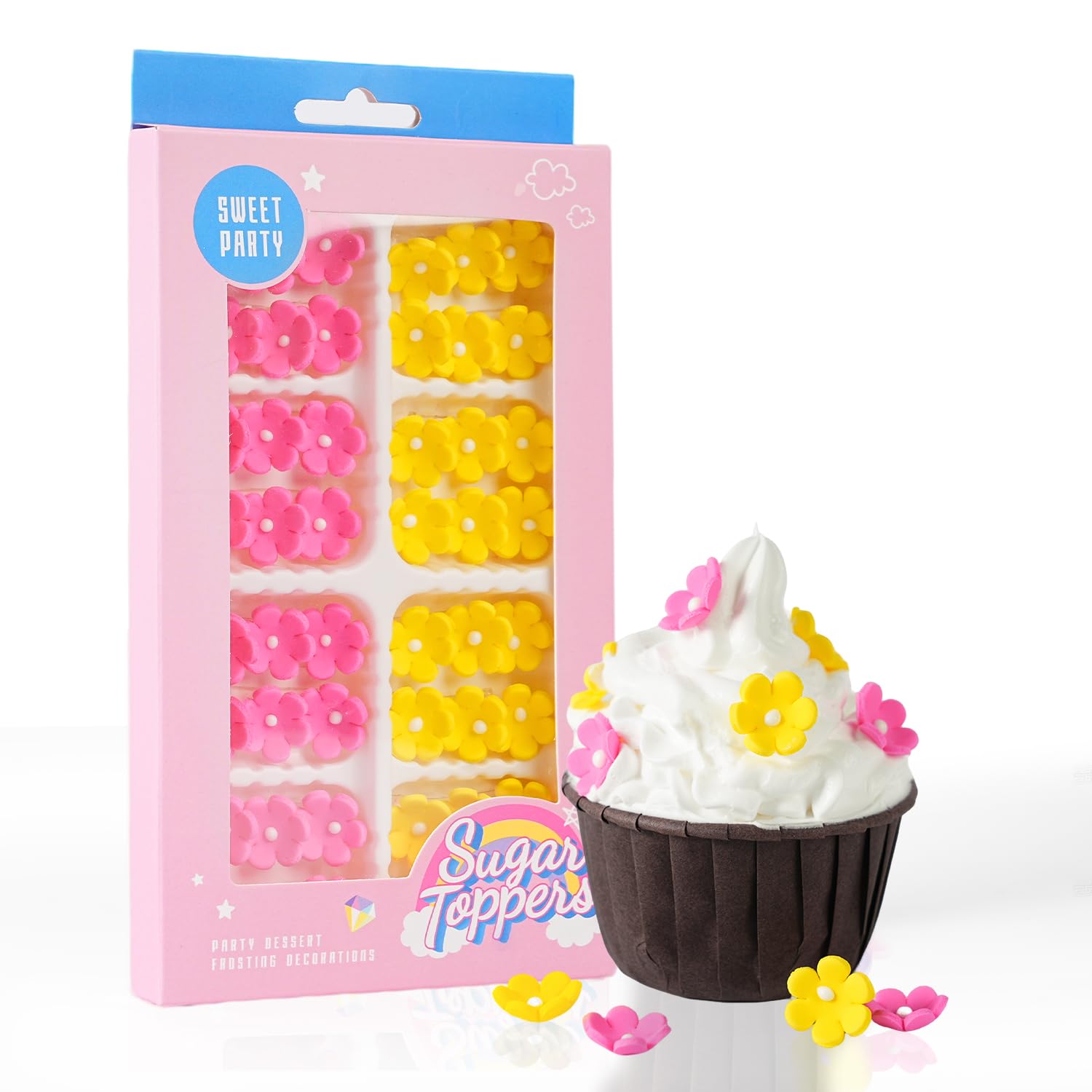 Edible Flowers Cake Decorations 48 Count Pink Yellow Blossoms Royal Icing Decorations Daisy Sugar Wedding Flowers for Baking Cupcakes Ice Cream Waffles Cookies Birthday Cake