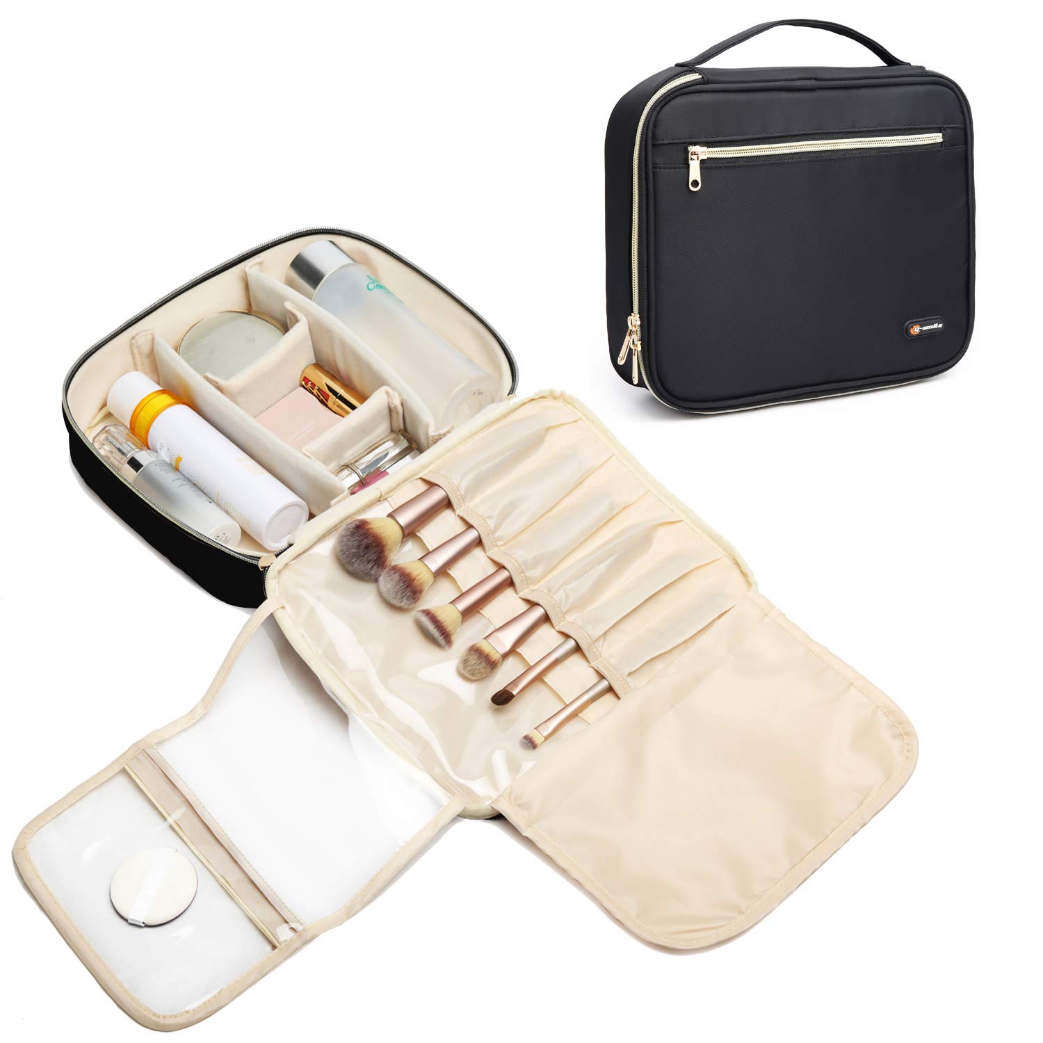 Q-Smile Travel Makeup Case Cosmetic Bag Portable Toiletry Storage Organizer Large Cosmetic Train Case with Adjustable Dividers for Women Cosmetics Make Up Tools Toiletry (Black)