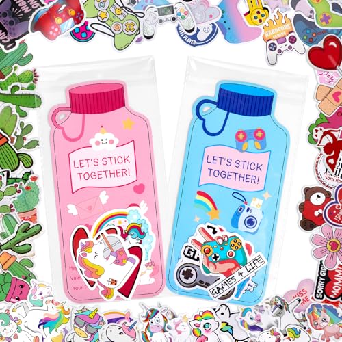 SnapBlox 48 Pack Valentines Day Cards for Kids School with Water Bottle Cards and 200Pcs Stickers, Valentine Exchange Card for Boys & Girls, Classroom School Party Favor