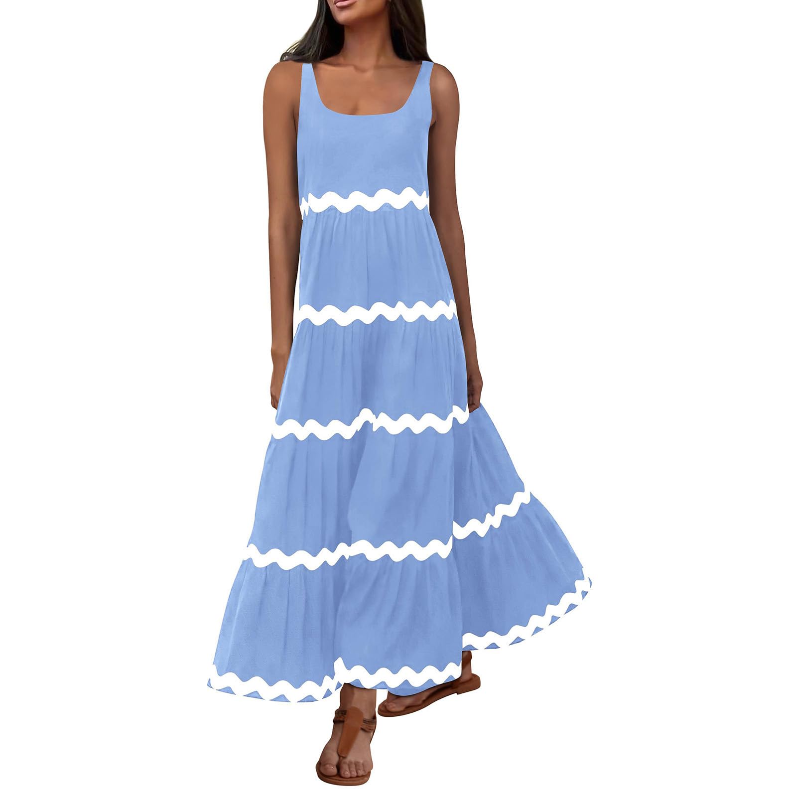 NUSGEAR 2024 Vestidos Largo Mujer Vestido Verano Basico Casual Raya Vestidos sin Manga Cuello Redondo Vestidos Elegante Suelto Vestido de Noche Cómodo Playa Vacaciones Bohemio