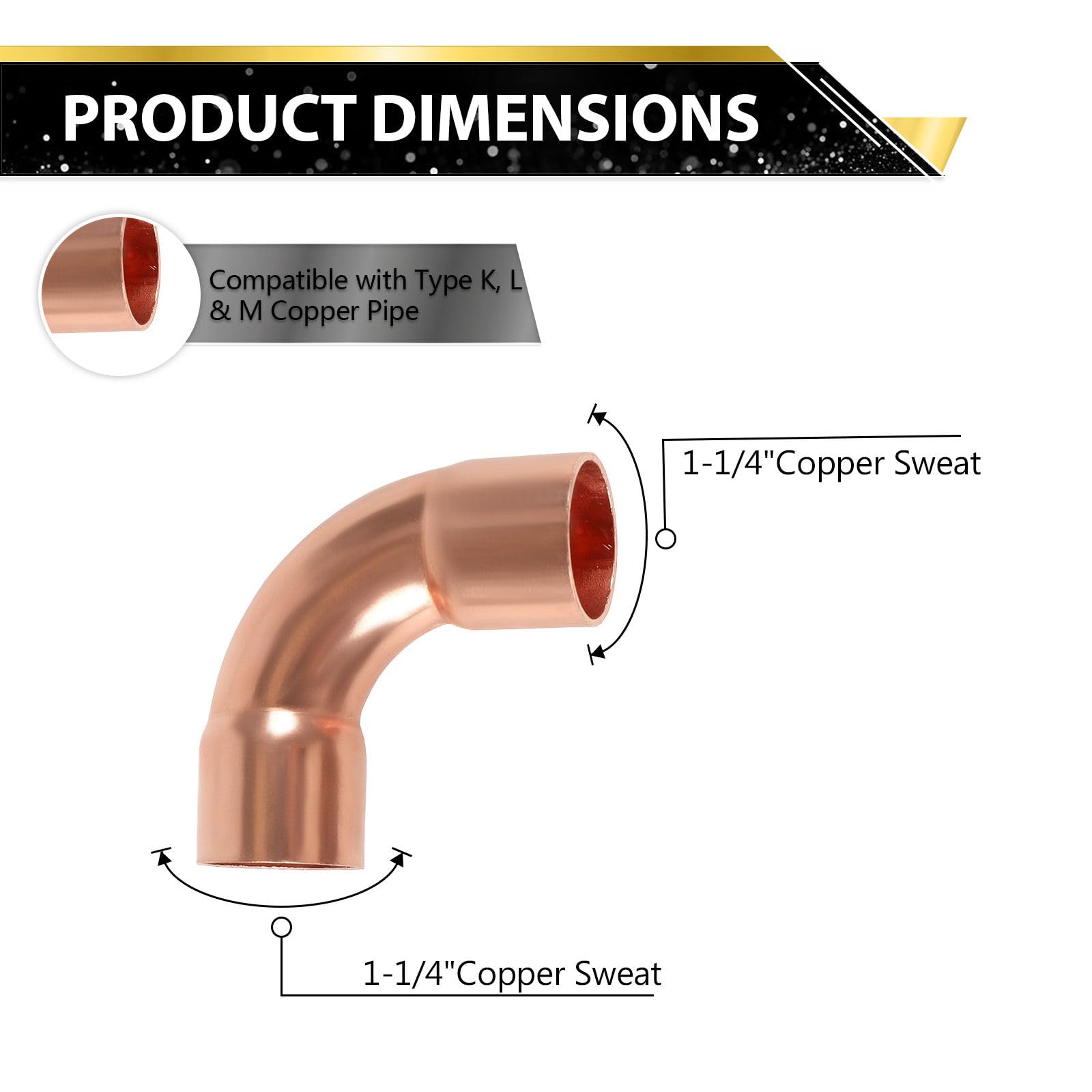 (Paquete de 100) Codo de Cobre Foskan de 1-1/4" C x 1-1/4" C, Radio Largo de 90 Grados, Accesorios de plomería de Cobre con conexión para Soldadura por fricción