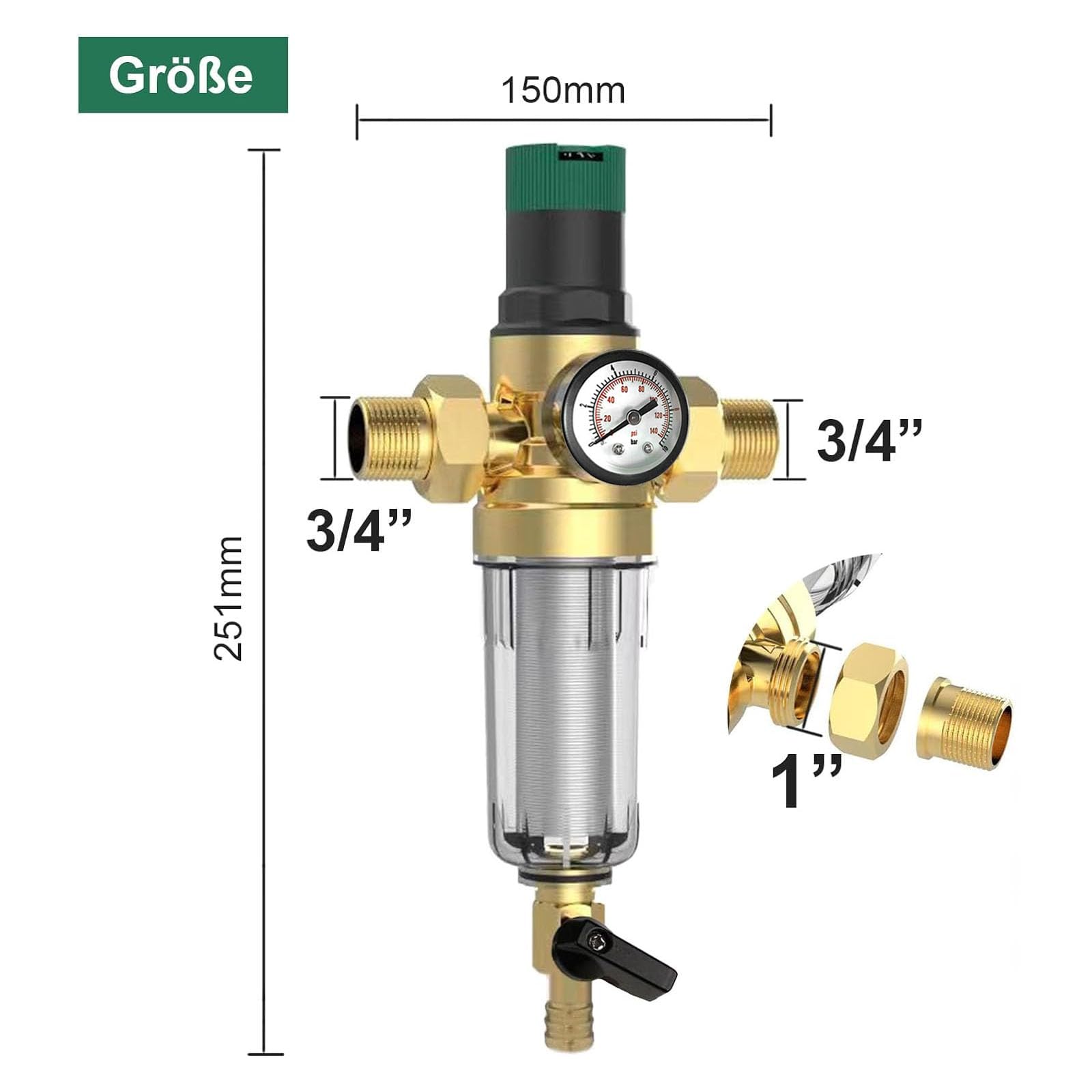 Rückspülfilter mit Druckminderer und Manometer, Wasserfilter 3/4 Zoll Hausanschluss Wiederverwendbare Druckminderer Wasserfilter Vorfilter Sedimentfilter Wasserdruckminderer Druckregler Messing