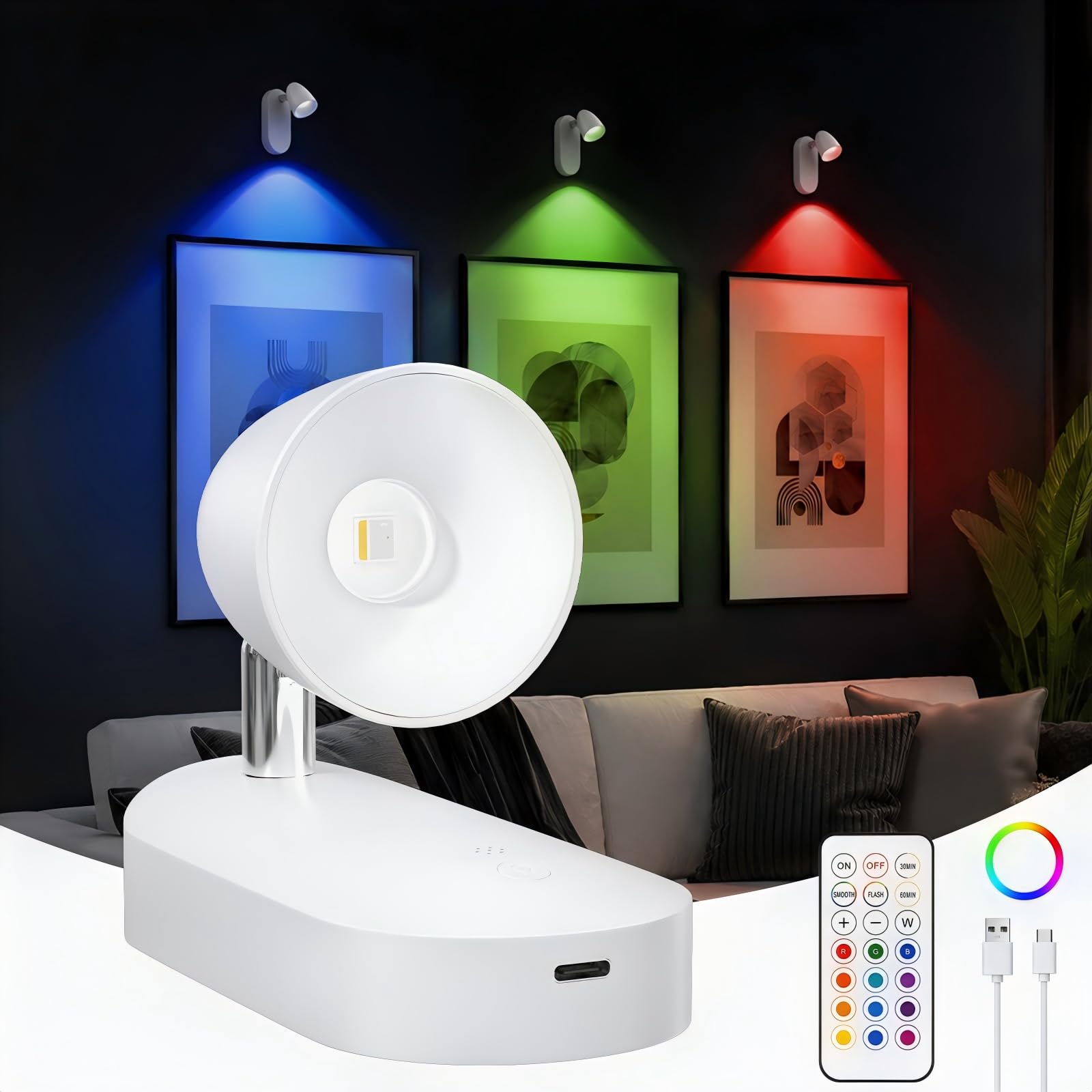 GOODEA 4000mAh Rechargeable Wall Spot Lights with Remote, RGBW, 360° Rotate
