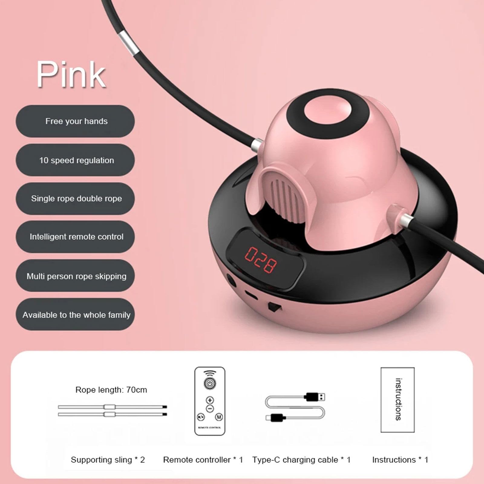 Macchina Intelligente per Saltare La Corda Corde per Saltare Elettroniche 1-10 Regolazione Del Livello di Velocità Gruppi di Corda per Saltare Multigiocatore Salto Della Corda,Pink