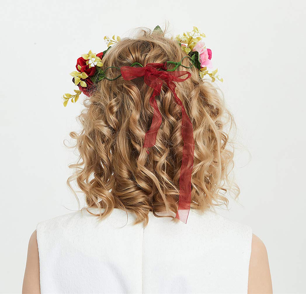 Blumengirlande Stirnband Rose Blumenkrone Haarkranz Floral Halo Kopfschmuck Boho mit Band Hochzeit Party Fotos Rot