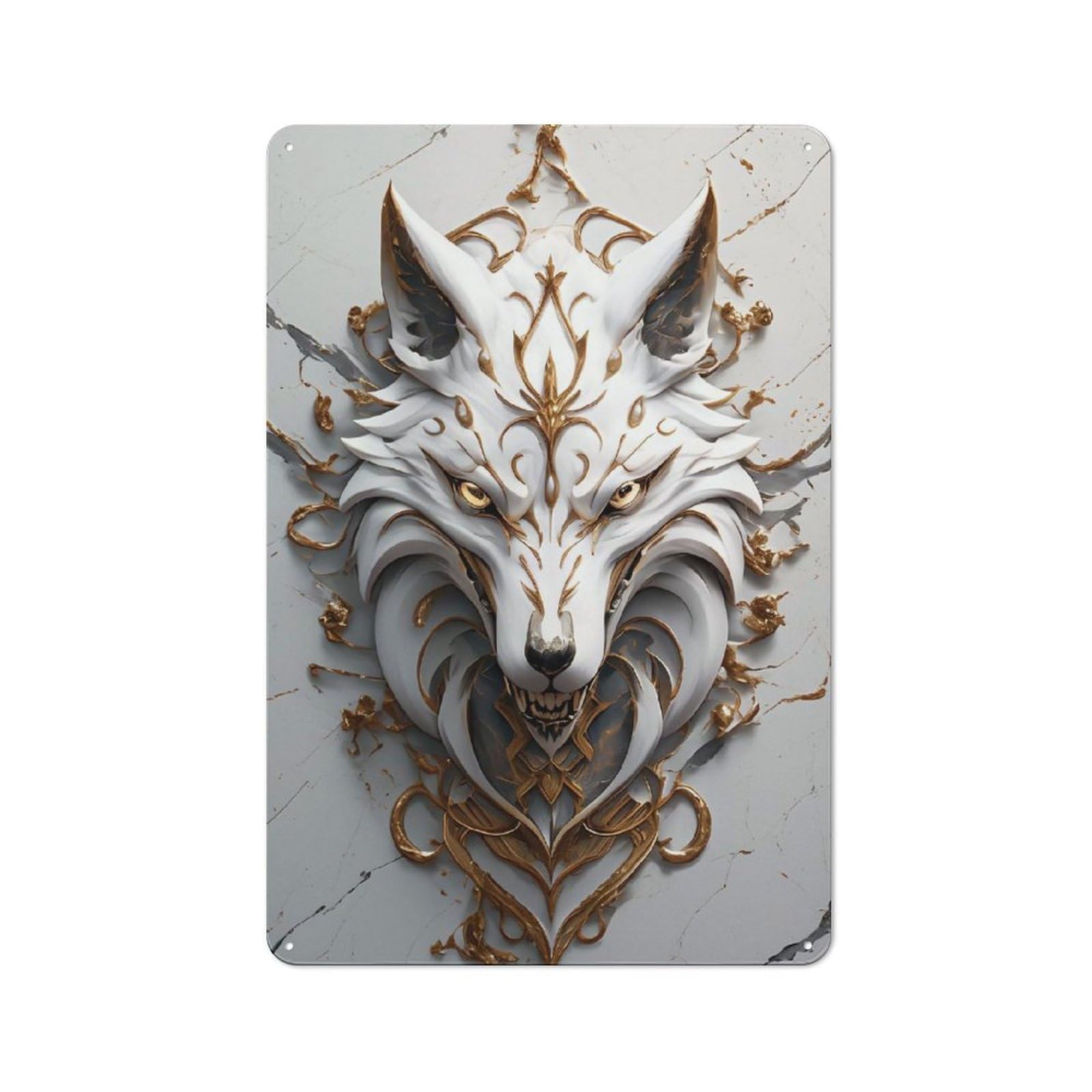 Junmoney Style-8 White And Gold Wolf Head Ornament Industrial Metal Sign 30X20cm, Modern Retro Loft Wall Plaque For Modern Home, Workshop, Office Or Cafe