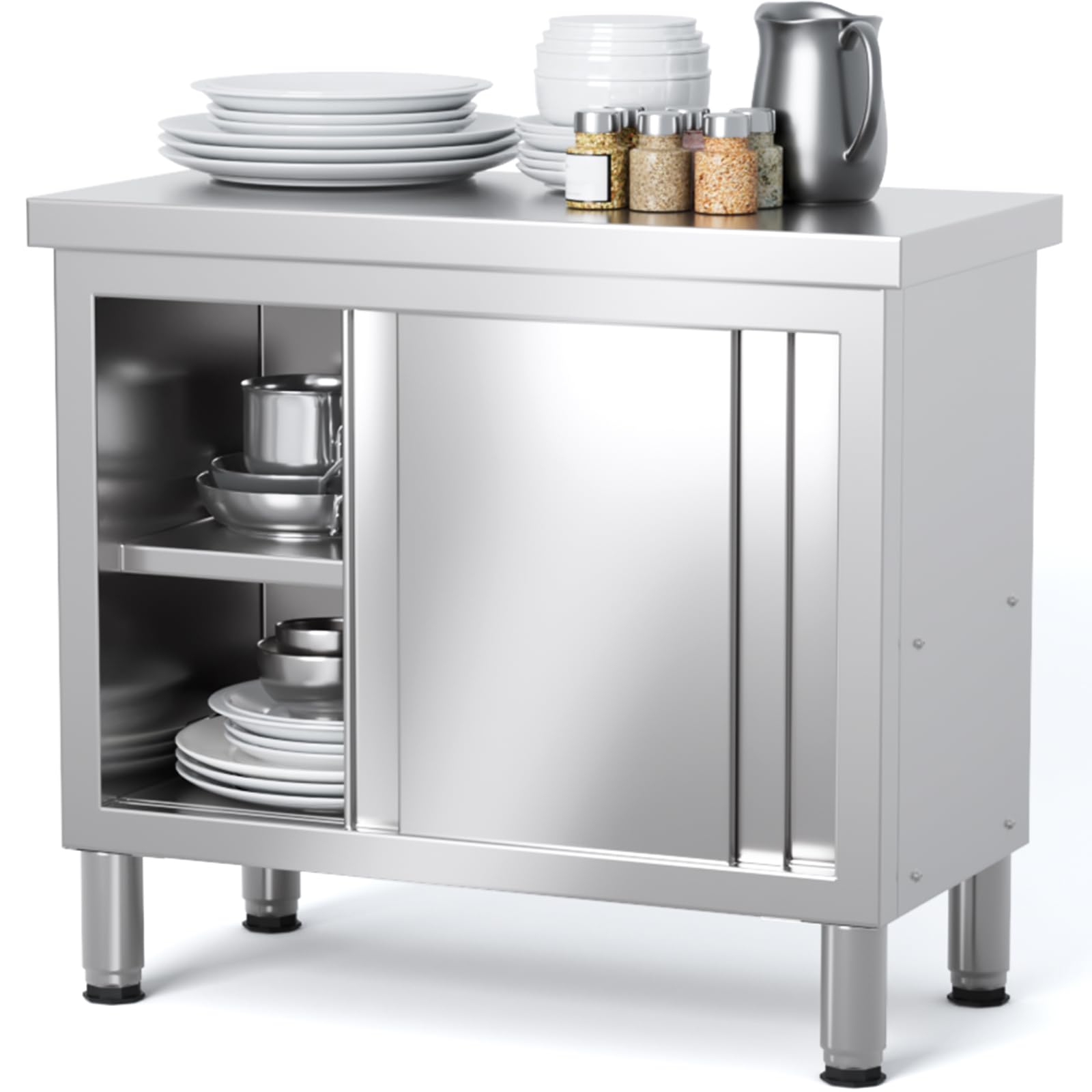 ZZV Stainless Steel Work Table Cabinet with 2 Sliding Doors, 39" x 19" Commercial Kitchen Work Table for Prep & Work, Heavy Duty Prep Table with 2-Layer Cabinet for Home, Restaurant, Garage, Warehouse