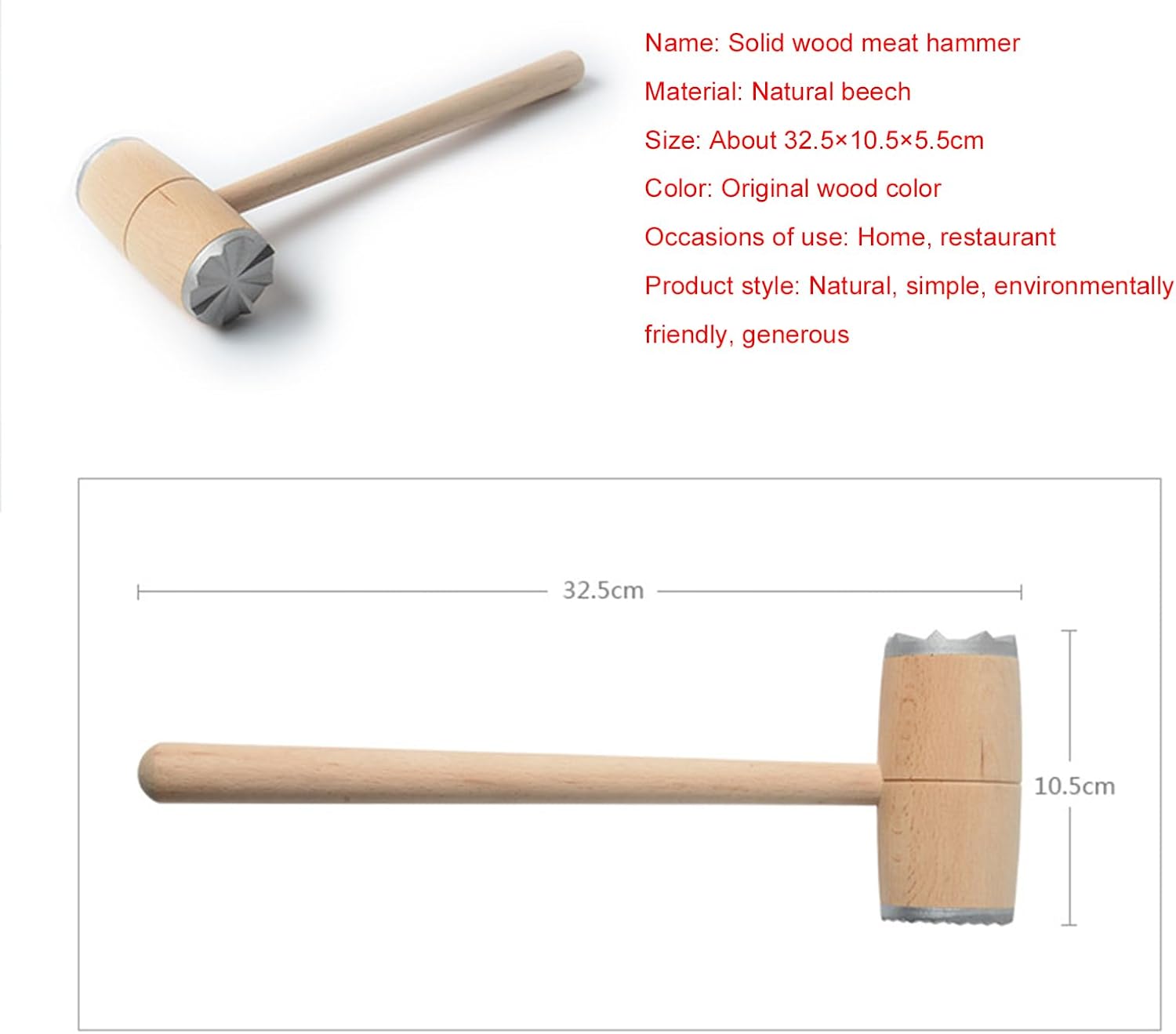 Meat Tenderizer Hammer Wooden Steak Double Sided Stainless Steel Teeth Mallet Kitchen Tool Heavy Duty Sturdy Comfortable Grip & Durable for Tenderize Meat,