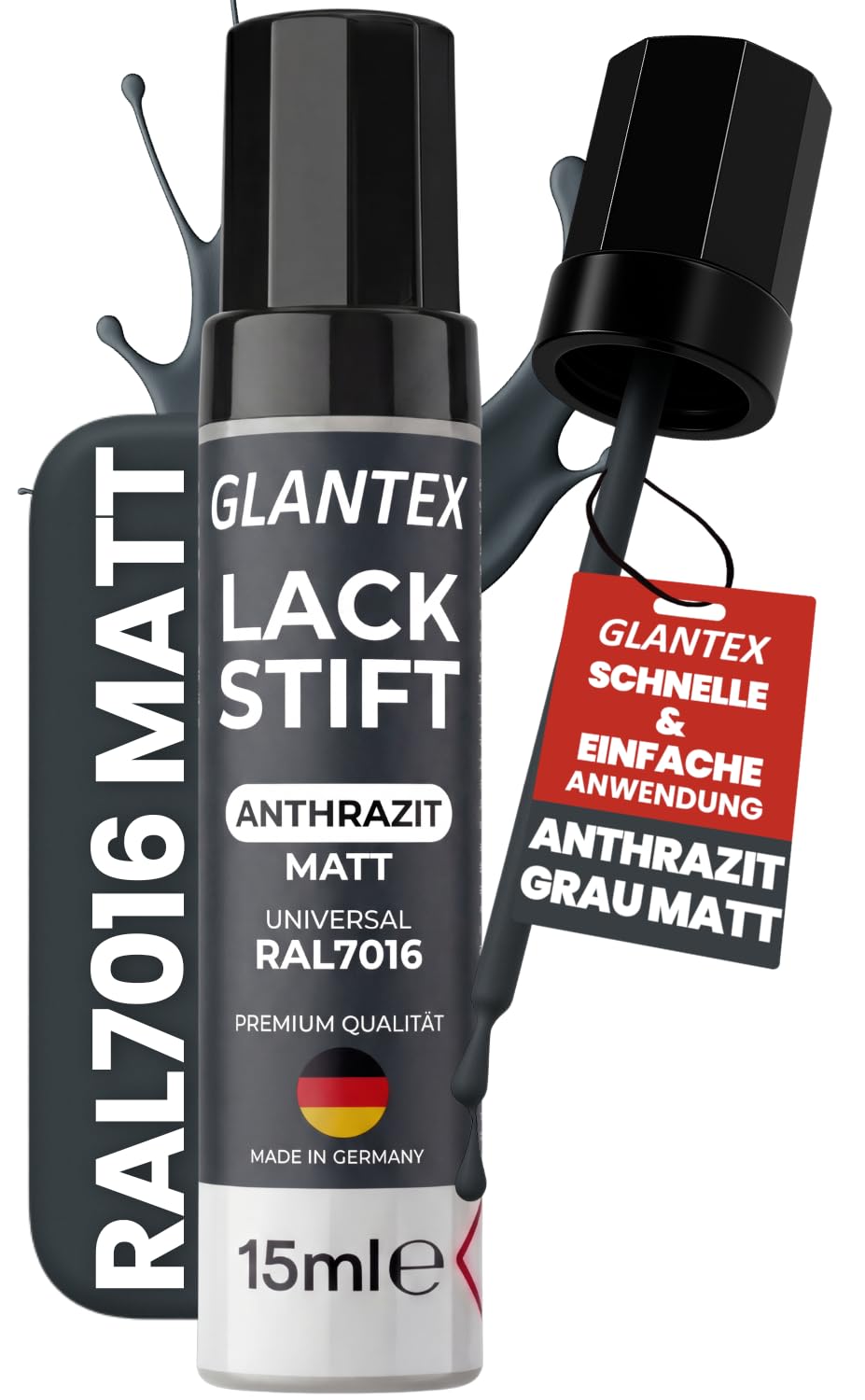 GLANTEX Lackstift Anthrazit Matt RAL 7016 [15ml] – Lackstift Grau Matt – Hohe Deckkraft gegen Kratzer & Steinschläge – für Auto, Terrassendächer, Möbel, Metall u.v.m.