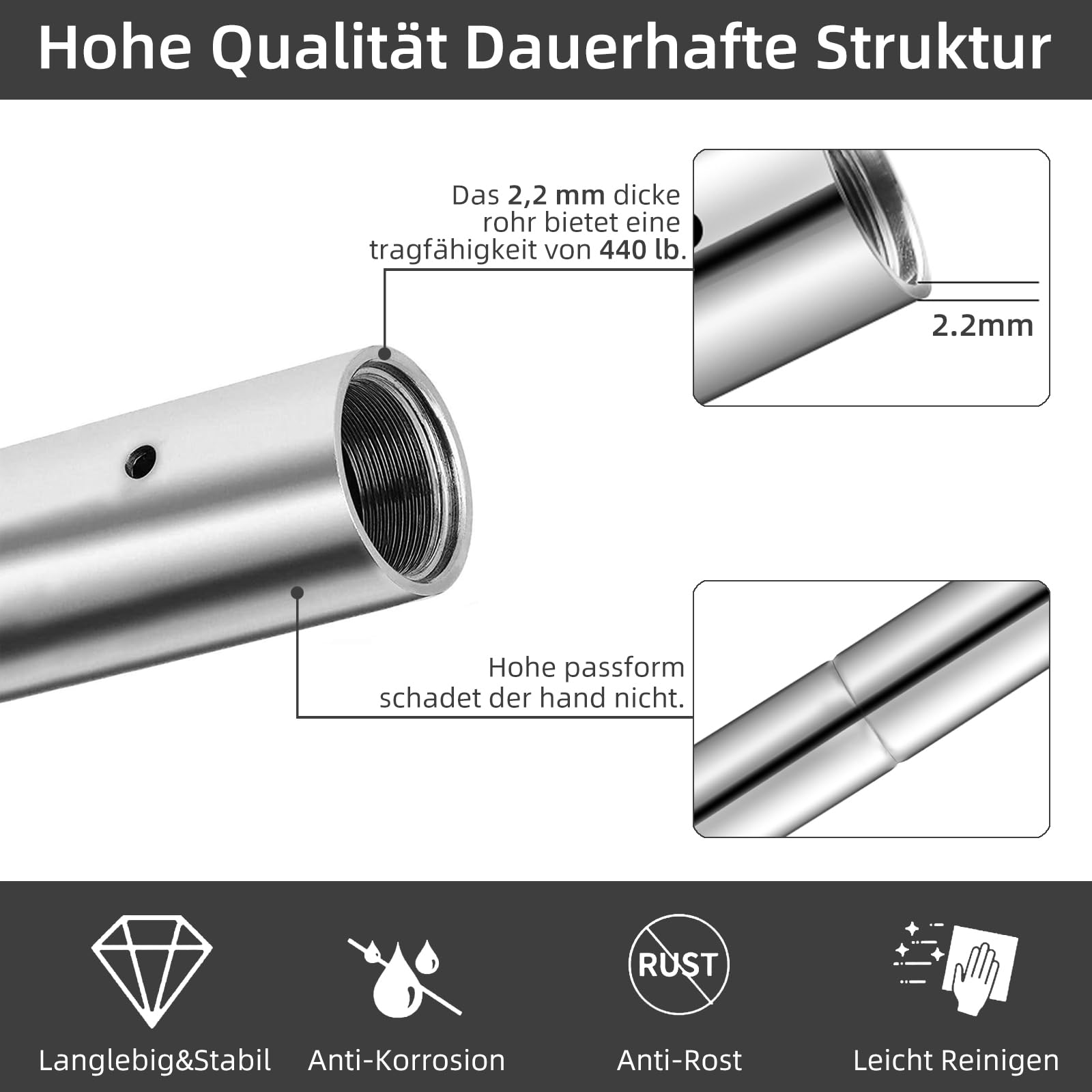 PRIOR FITNESS Prolunga Asta da Danza in Acciaio, Compatibile con Aste da 45 mm, Barra Rinforzata Acciaio Inox Lucidato Antiruggine Spessore 2,2 mm, Ideale per Casa, Studio e Palestra con Soffitti Alti