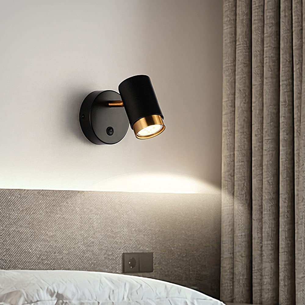 Luz de cabecera Luz de luz Gu10 Spotlets con interruptor, luces de manchas monopoint ajustables de 90 grados - Lámpara de lectura montada moderna para la cama del hotel del dormitorio (negro)