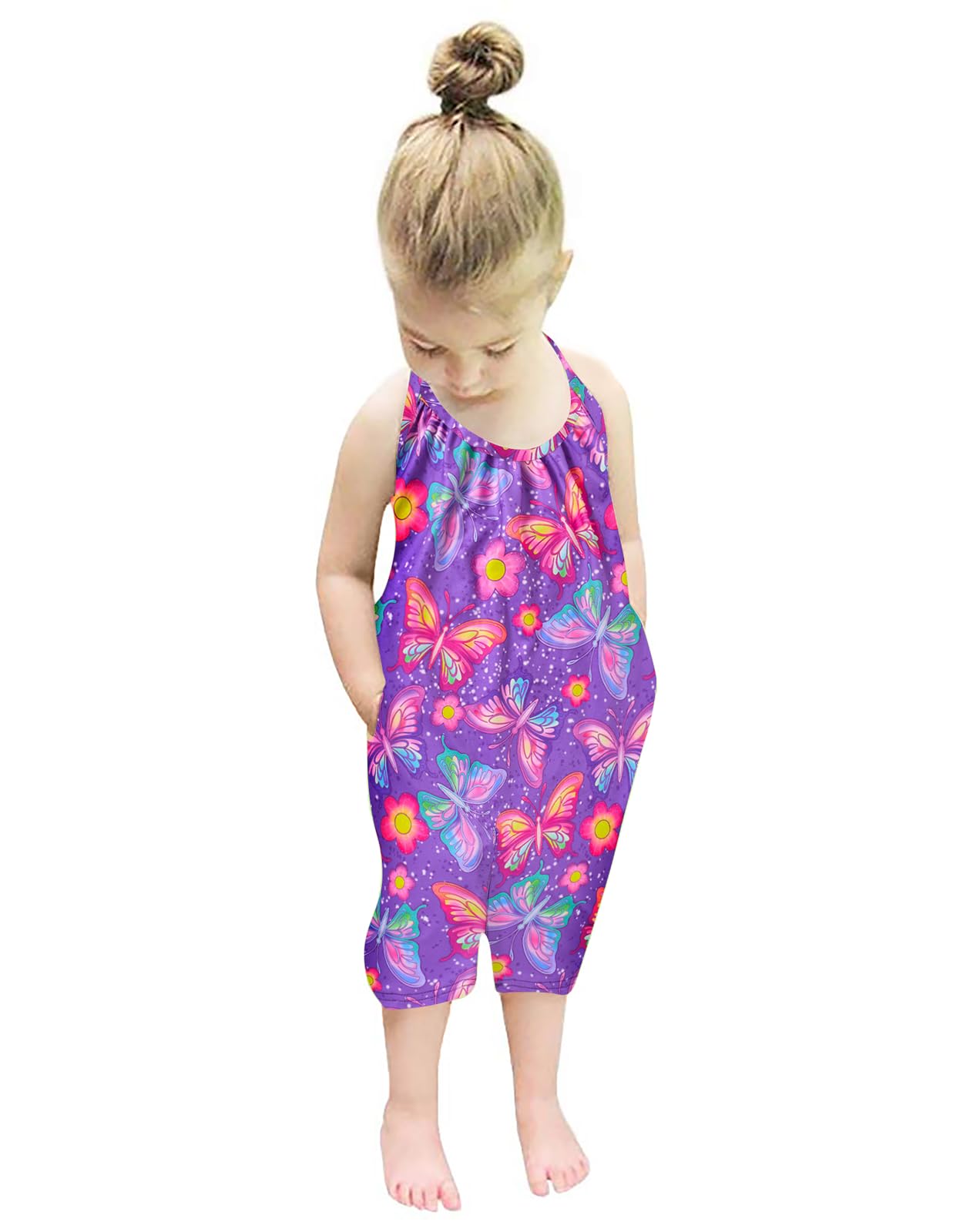 Lindanina Backless Strap Slouch Jumpsuit for Toddler Girls Cute Harem Halter Romper Pants with Pockets