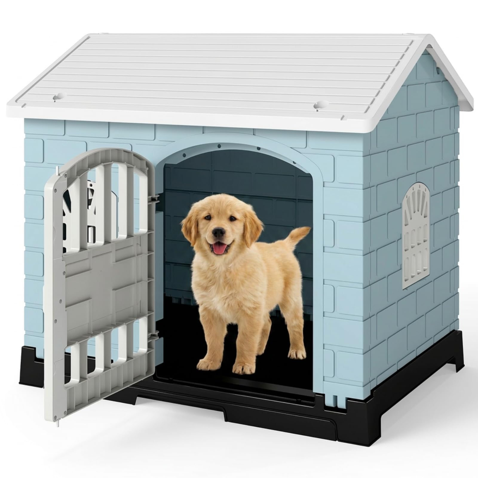 Maxmass Plastic Dog House, Waterproof Pet Shelter with Sloped Roof, Lockable Door, Windows, Removable Toilet Tray, Indoor Outdoor Pet Kneel Cage Crate for Dogs Cats Puppy Rabbits (Blue+White)