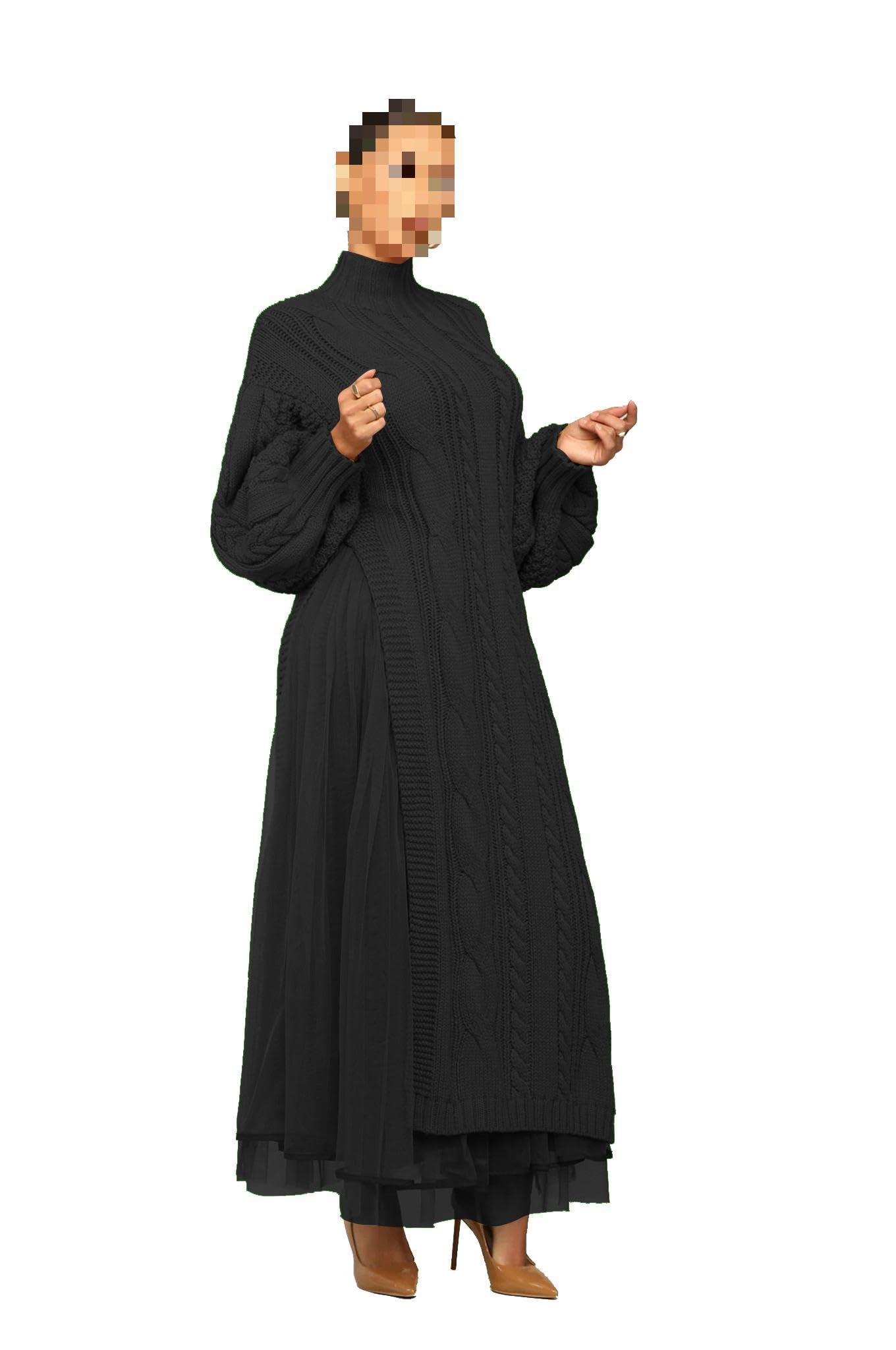 Femmes Tricoté Robe À Manches Longues Col Roulé Pull Pull Robe Casual Pull Split Fourchette Lâche Robe Longue