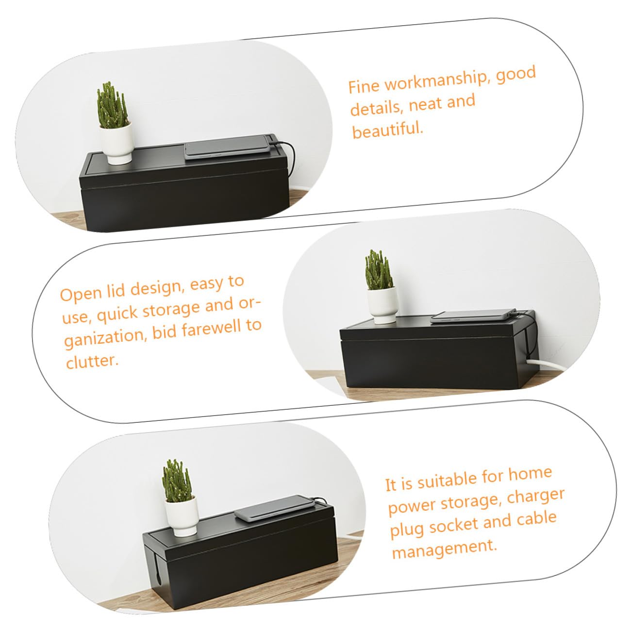 Cabilock Caja Organizadora de Cables y Carga Múltiple Negra de Madera Diseño Ranurado para Gestión de Enchufes Hogar