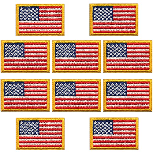 Small American Flag Patches with Gold Border (10-Pack) Patriotic USA Embroidered Flag Patch, Iron On, Glue On, or Sew On to Uniforms, Hats, Backpacks, Jackets, Pants, & Accessories. Small American Flag Patches with Gold Border (10-Pack) Patriotic USA Embroidered Flag Patch, Iron On, Glue On, or Sew On to Uniforms, Hats, Backpacks, Jackets, Pants, & Accessories.