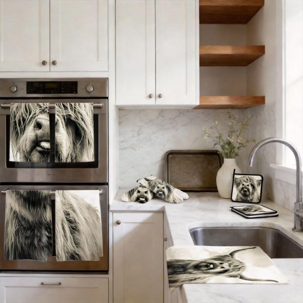 9PCS Divertente Highland Cow Cucina Decor e Accessori Set