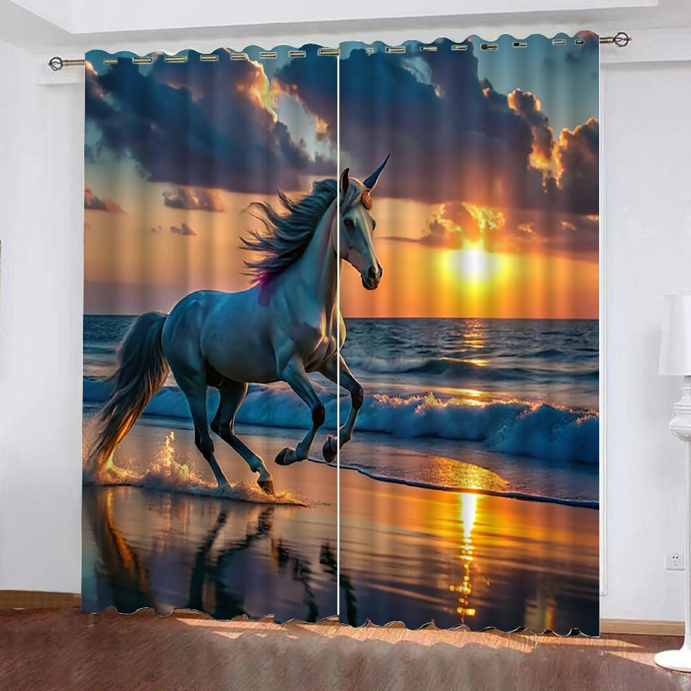 Genérico Cortinas Decoracion Caballo Corriendo 2 Piezas W 70Cm X H 160Cm,Cortinas Cortas Opacas para Ventanas De Dormitorio Juvenil con Ojales,Cortinas Habitación Infantil Niño Animal,B2