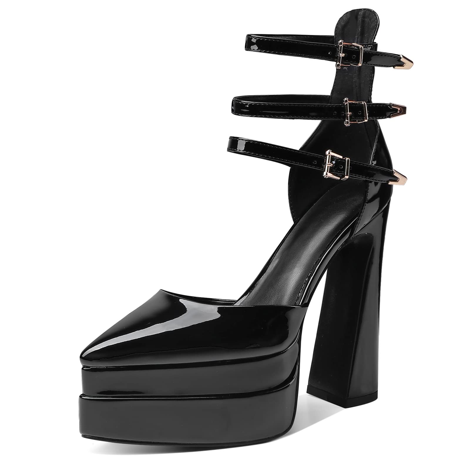 Kluolandi Women's Double Platform Chunky High Heels with Buckles Pointed Toe Ankle Strap Patent Leather Pumps Dress Shoes