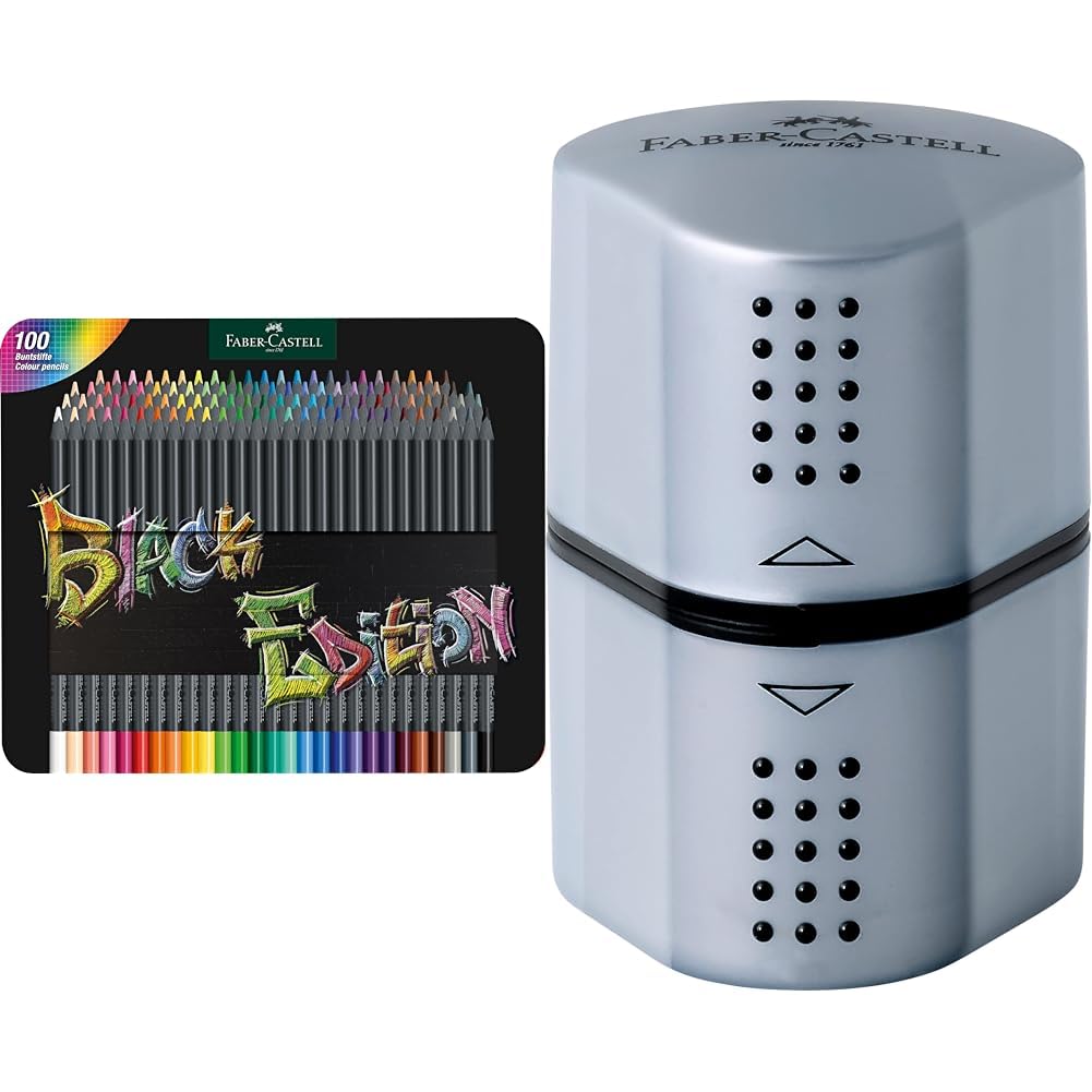 Faber-Castell 116490 - Buntstifte Black Edition, 100er Metalletui, bruchsicher, für Kinder und Erwachsene & 183800 - Dosenspitzer Grip 2001, 3in1, Anspitzer mit Behälter für Blei- und Buntstifte