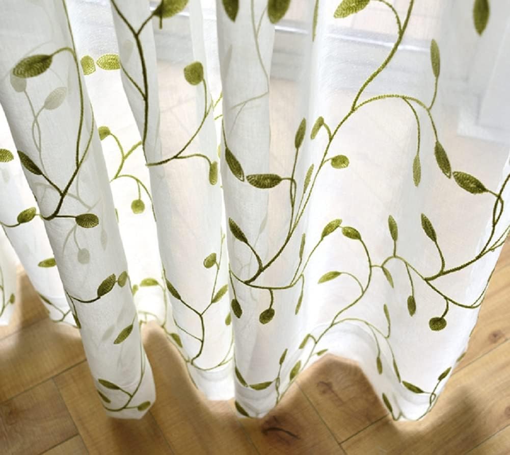 Linen Sheer Curtains Window Treatments Rod Pocket for Living Room Bedroom Leaf American Rustic Towel Embroidery (2 Panels, W 100 x L 84 inch, Green)