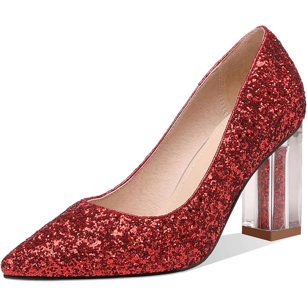Scarpe da donna con tacco largo e glitterato Tacchi alti Scarpe a punta sexy Décolleté slip-on con tacco largo in cristallo Scarpe da sera basic da sposa 8,5 cm scarpe/H/41EU