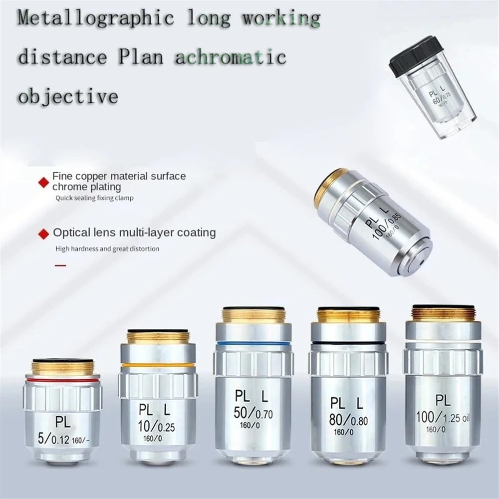Kit de accesorios para microscopio Microscopio metalográfico de larga distancia de trabajo objetivo acromático de campo plano PL L 5 10 20 40 50 60 80 100X lente seca portaobjetos de microscopio(5x)
