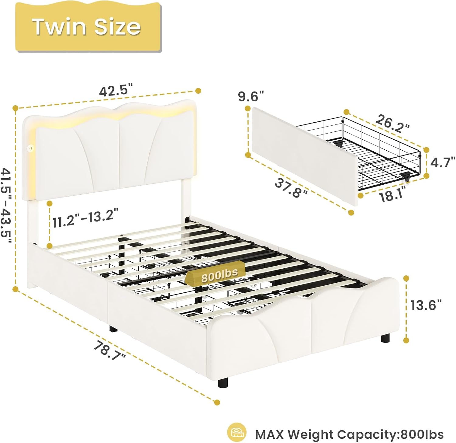 Diagram showing the dimensions of the MSmask Twin Bed Frame