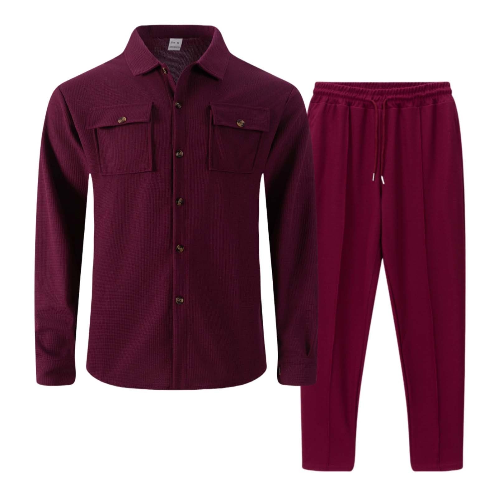 Conjunto genérico Camisa Manga Larga Pantalones de Punto Hombre Traje Casual Trabajo Dos Bolsillos Color Sólido Cómodo Elegante