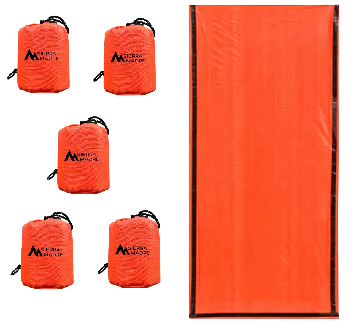 Sierra Madre Notfallschlafsack – Ultraleichtes, wasserdichtes Mylar-Thermo-Bivy-Sack-Zelt zum Wandern, Bug-Out-Bags, Survival-Kits – Notfall-Survival-Decke für Wärmespeicherung, 5 Stück