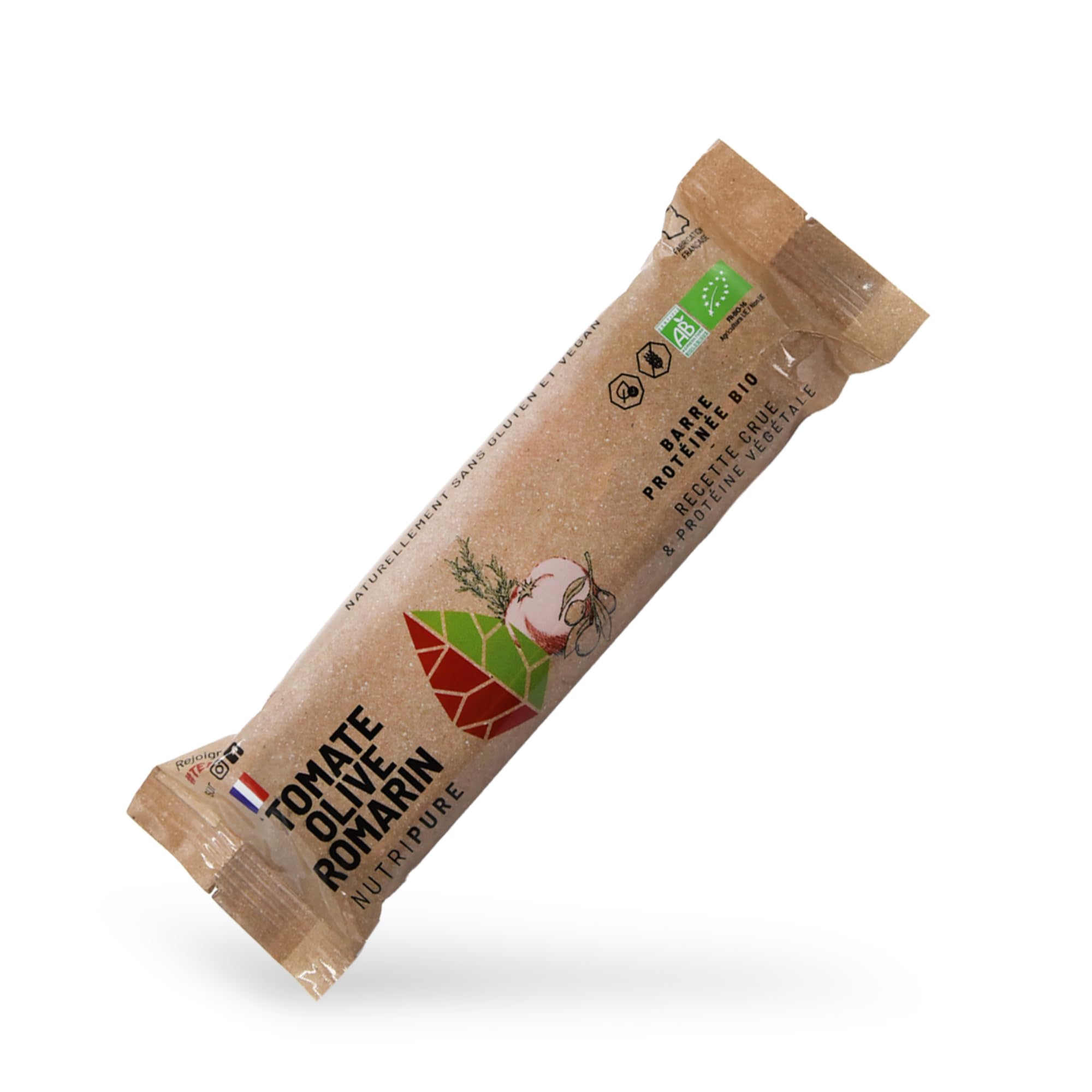 Nutripure | Raw Barre Bio | Barre Protéinée Tomate Olive Romarin | Vegan et Bio | Riche en Dattes, Beurre de Cacao et Fruits Secs | Snack Sain Sans Conservateur | Pack de 20 | Fabriqué en France