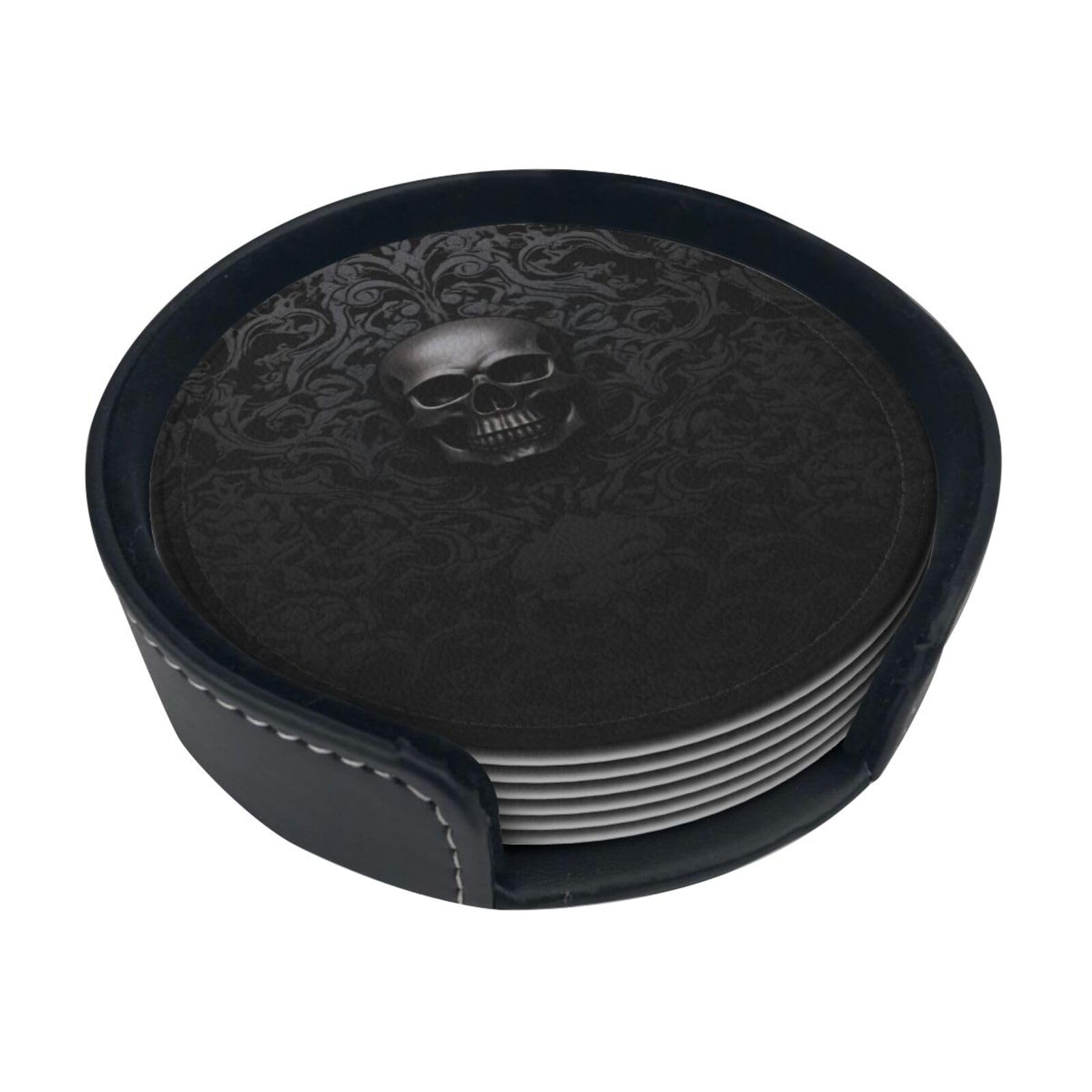 Ykclkshka White Gothic Wallpaper Skull Round Leather Coasters (6 Pieces) - Drink Coaster Set For Desk, Modern Easy To Clean Home Office & Farmhouse Coasters