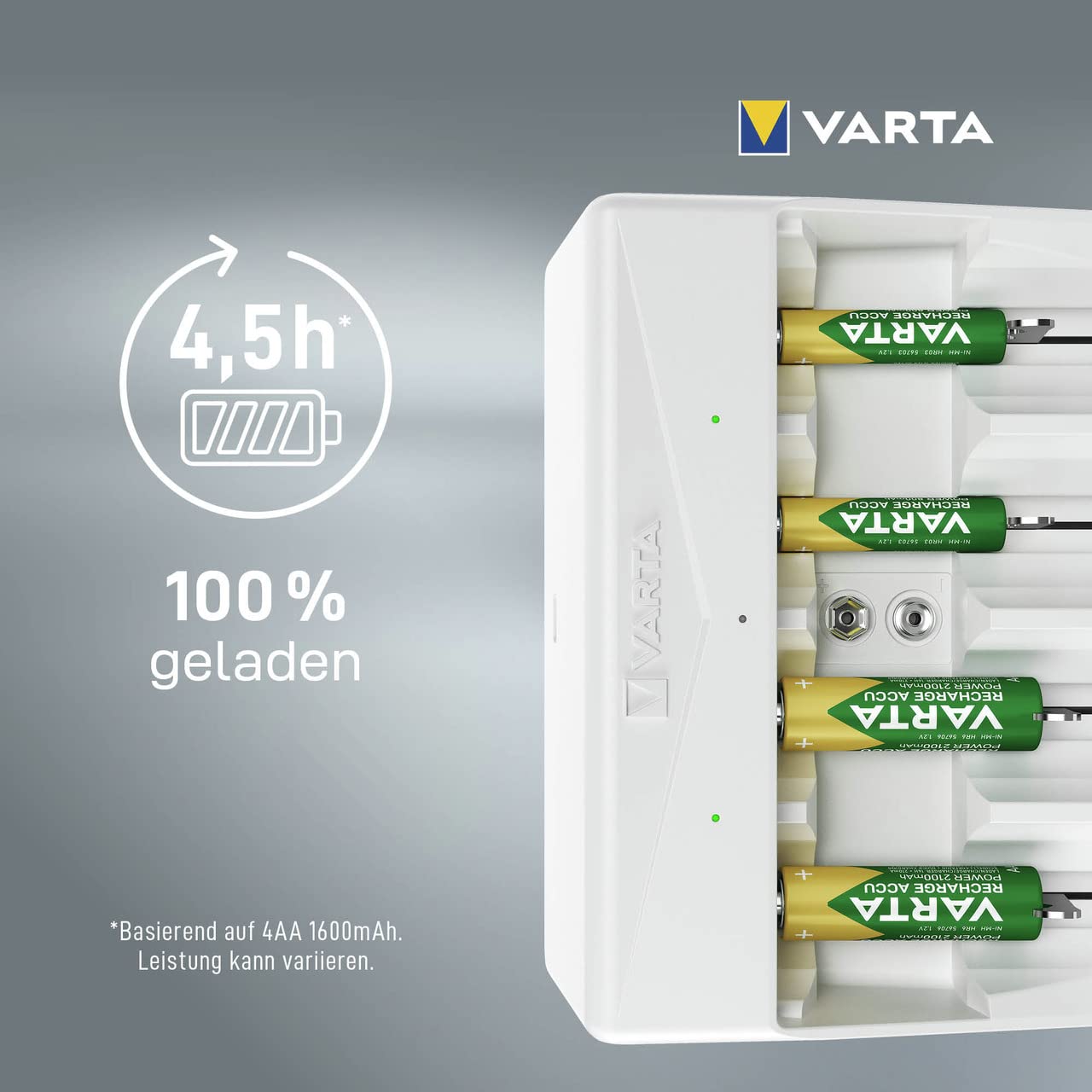 VARTA Akku Ladegerät, Batterieladegerät für wiederaufladbare Batterien, lädt 2 oder 4 AA, AAA, C, D oder 1x 9V gleichzeitig, Universal Charger, mit Sicherheitsabschaltung, unbestückt