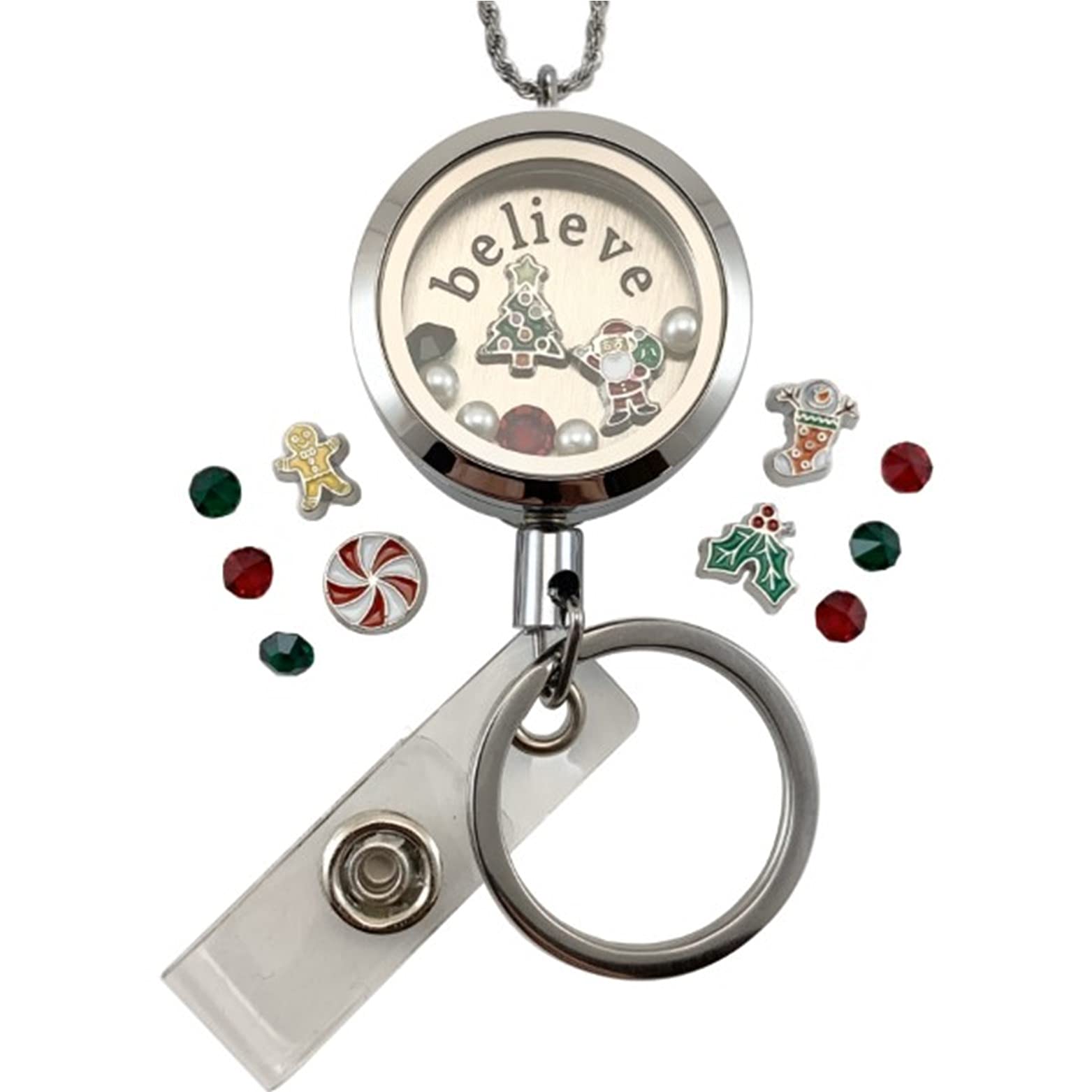 Custom Stainless Steel Lanyard with Floating Charm Locket Badge Reel with Sturdy Screw Top Lid and Key Ring Retractable Heavy Duty Rust and Tarnish Free Chain (FC LY Christmas)