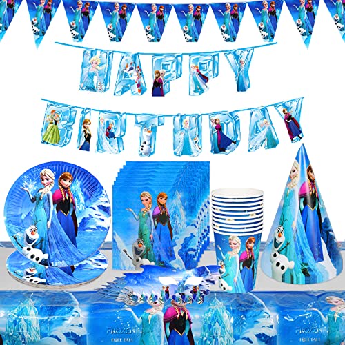 Lemotoy Frozen Geburtstagsdeko,59 Stück Gebutstag Party Set Frozen EinschließlichTeller,Papierhandtücher,Tischdecken,Pappbecher,Luftballons,Dreieckshüte, Wimpel, Augenklappe, Geburtstag-Banner Cover