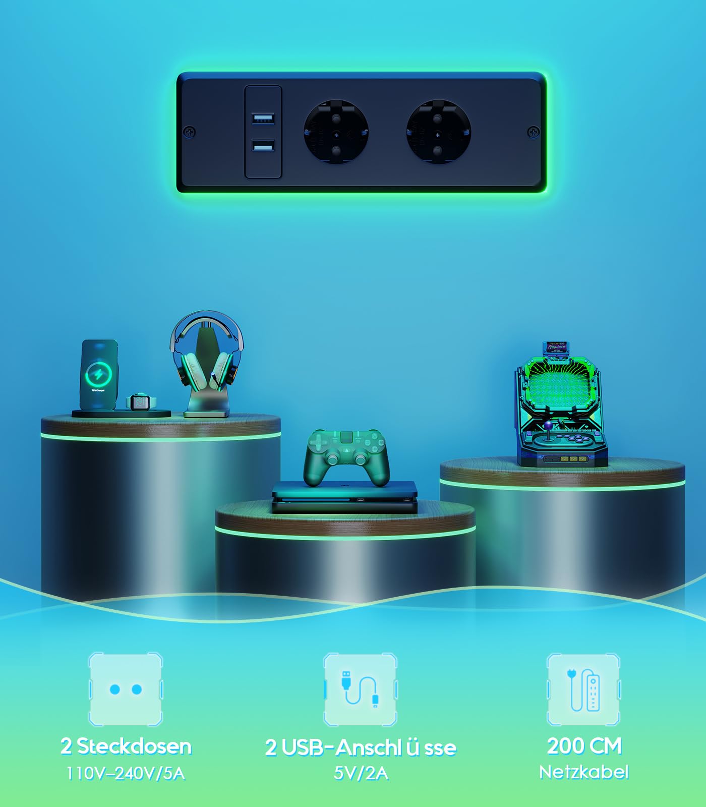 OffiGo Höhenverstellbarer Schreibtisch mit RGB LED 140×60 cm, Schwarz | Gaming Tisch mit RGB LED & Steckdosen, Elektrischer Schreibtisch mit 3 offene Ablagen, Computertisch für Home