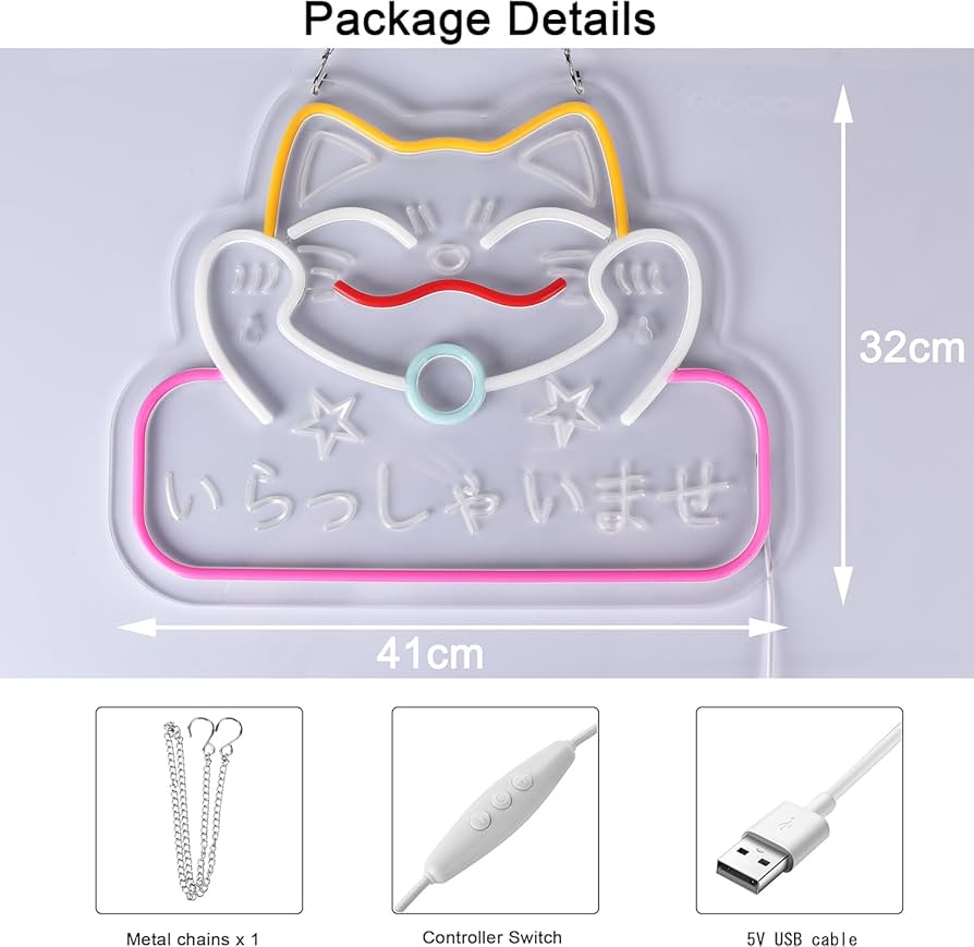 JOMOBUTY Japanese Welcome Neon Sign Fortune Cat Wall Decor