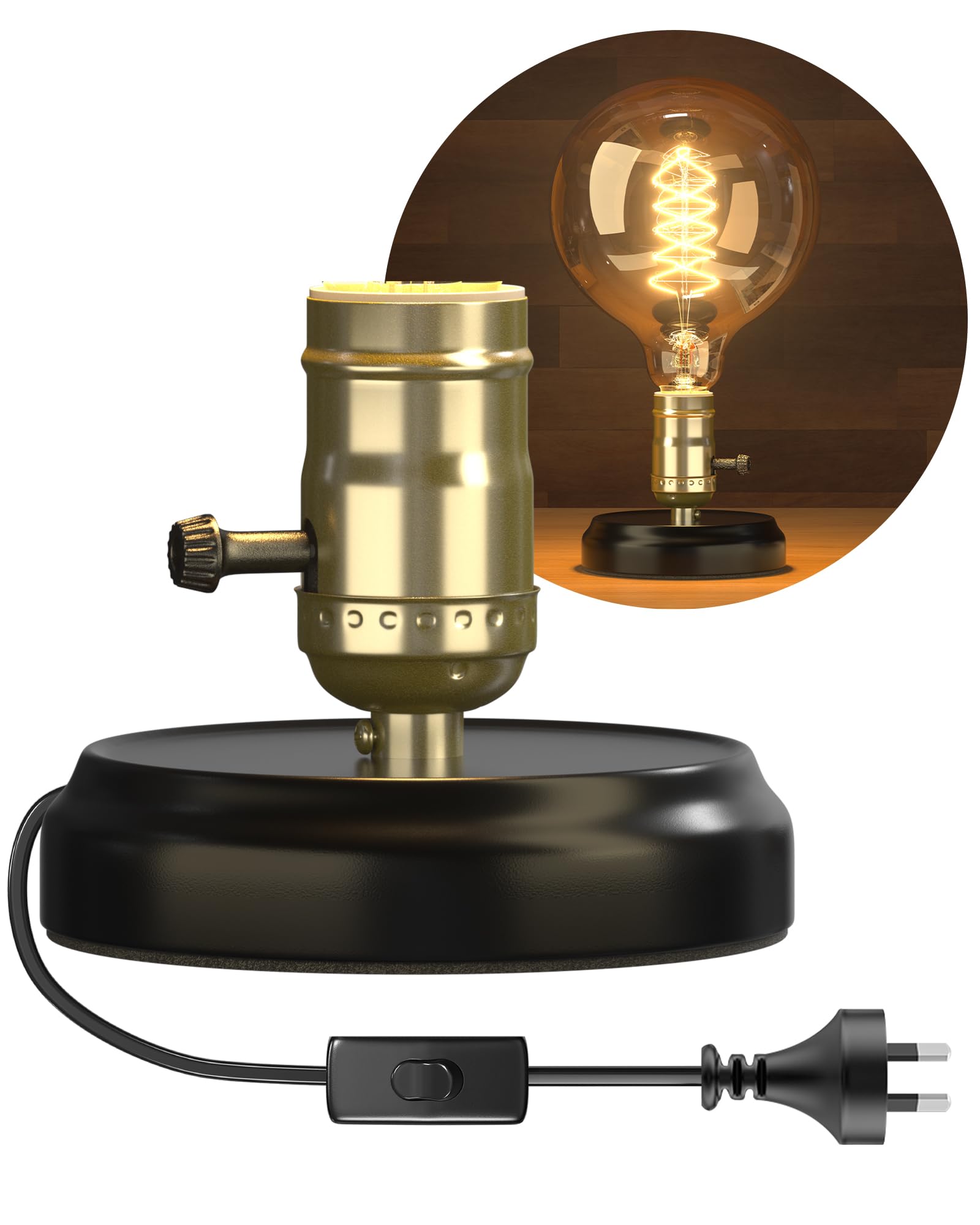BrightWish Vintage Table Lamp Base, 12CM Black Metal Base with E27 Bulb Holder, Industrial Retro Desk Lamp Holder with Switch & Plug for Bedside, Living Room, Cafe Bar Decor, 250W Maximum(No Bulb)