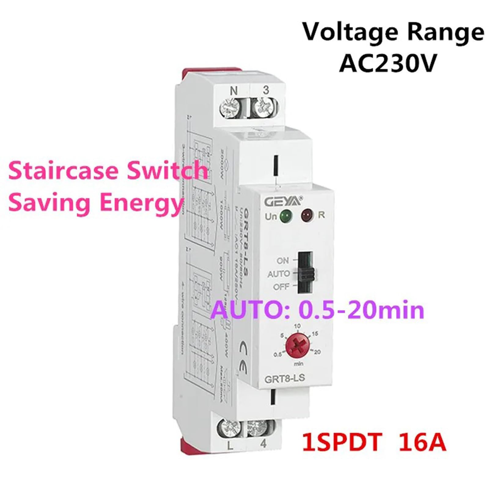 GEYA Staircase Switch Lighting Timer Switch 230VAC 16A Delay off Relay Light Switch 0.5-20mins Din rail (GRT8-LS,AC230V) - Image 3