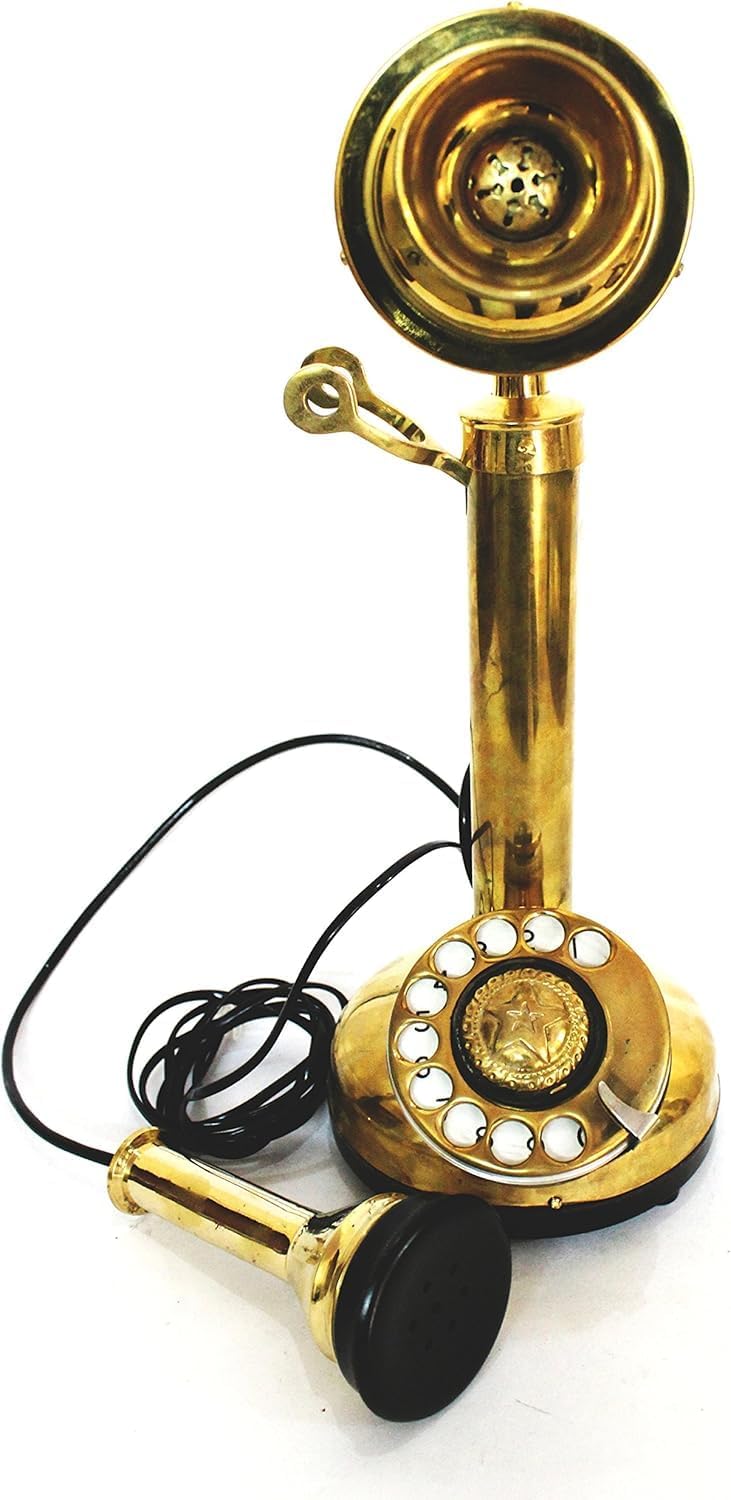 Brass Candlestick Rotary Dial Telephone - Vintage Old Style Phone with Antique Finish, Electronic Corded Replica