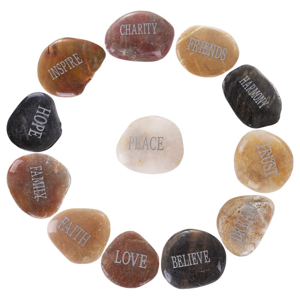 12PCS DIY Rocks for Engraved Inspirational Polished Garden Stones, Natural Encouragement Personalized Healing Decor River Stone - Unique Gift for Friends Arts Crafts (12 Different Words) (Colorful)