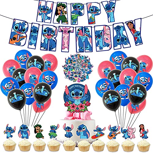 Baby Stitch Party Decorations, Birthday Party Supplies Include Happy Birthday Banner, Stitch Balloons, Stitch Cupcake Topper, Cake Topper and Stickers, Stitch Theme Party Favors for Kids, Teens
