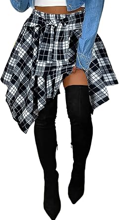 Womens Plaid Skorts Skirts - High Waisted Tie Front Pleated Summer Asymmetrical Skirt with Shorts