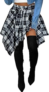 Women's Plaid Skorts Skirts - High Waisted Tie Front Pleated Summer Asymmetrical Skirt with Shorts