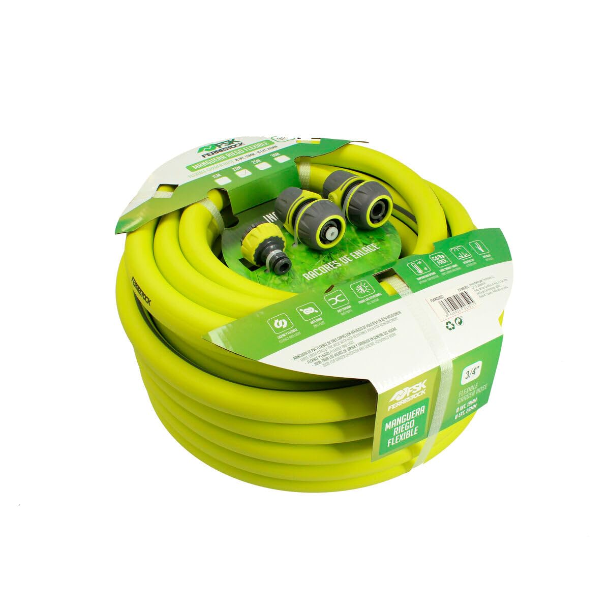Ferrestock Manguera de Jardín de 20 Metros, 3/4" de Grosor (19mm), Antitorsión, PVC Flexible con Refuerzo de Poliéster, 3 Capas, Resistente a los Rayos UVA, Antialgas, Incluye Accesorios.