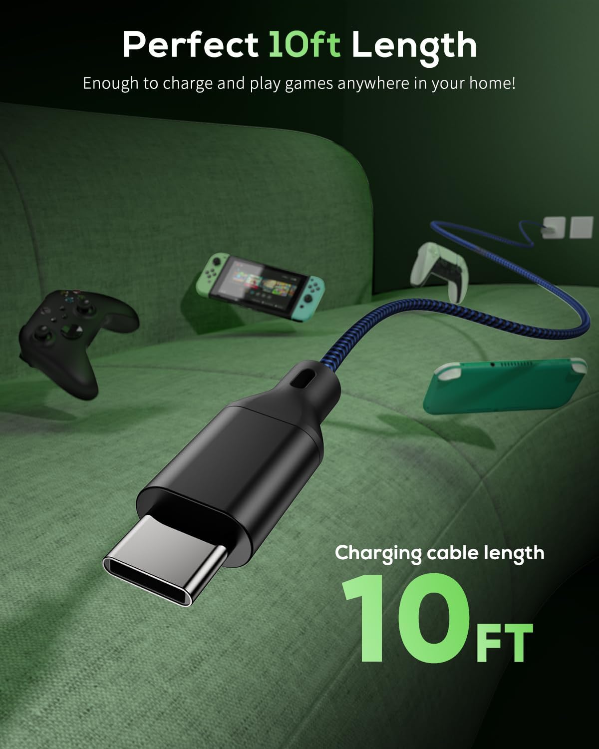 MENEEA Charger Charging Cable for PS5/PS5 Pro Controller,for Xbox Series X/S,for Nintendo Switch 2 Pack 10FT Replacement USB C Cord Nylon Braided Type-C Ports for PlayStation 5 Skin & Protector Sets - Image 5